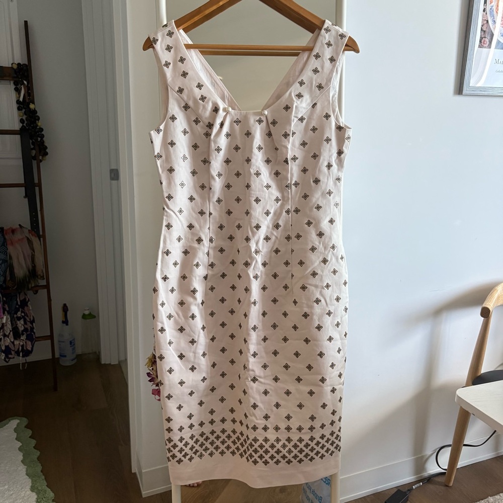 Marchesa Voyage Cream and Brown Geometric Midi Dress with pearl detail